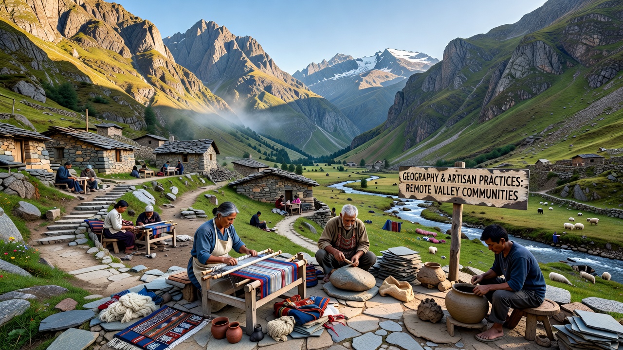 Artisan demonstrating traditional weaving techniques using locally sourced fibers in a mountain valley setting